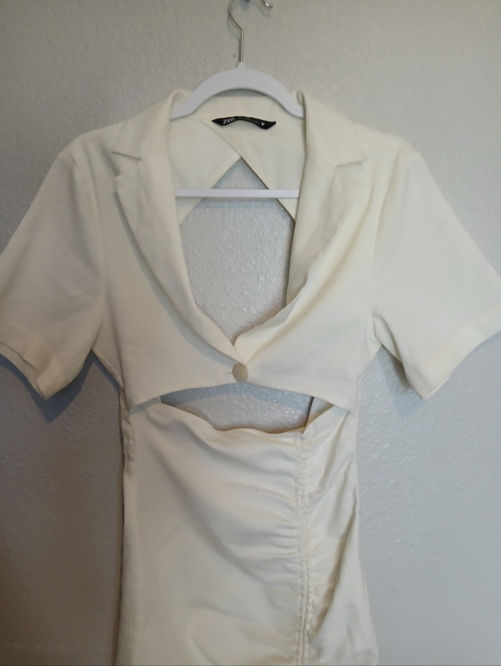 Zara Linen Blend Ivory Cream Cut Out Open Back Ruched Mini Shirt Dress Size XS - Picture 5 of 9